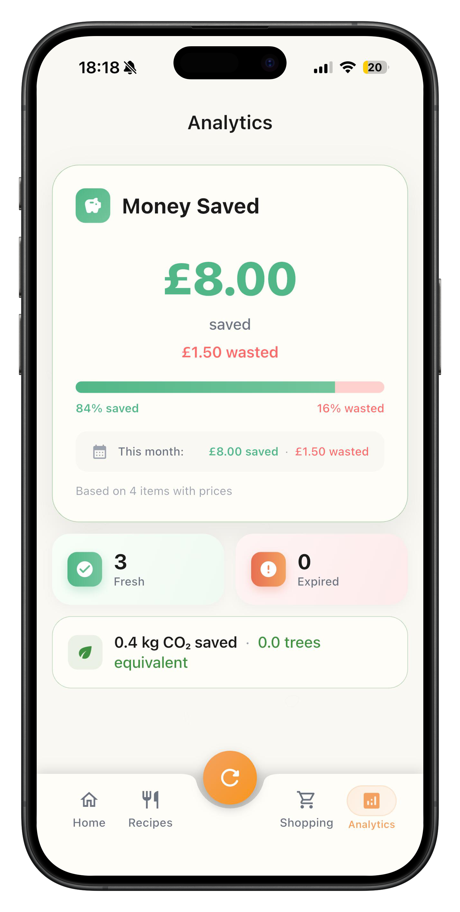 Less waste. More money - Alimio alerts you before food expires so nothing goes unnoticed. Track the money you've saved, the food you didn't bin, and your CO2 impact, all in one place.