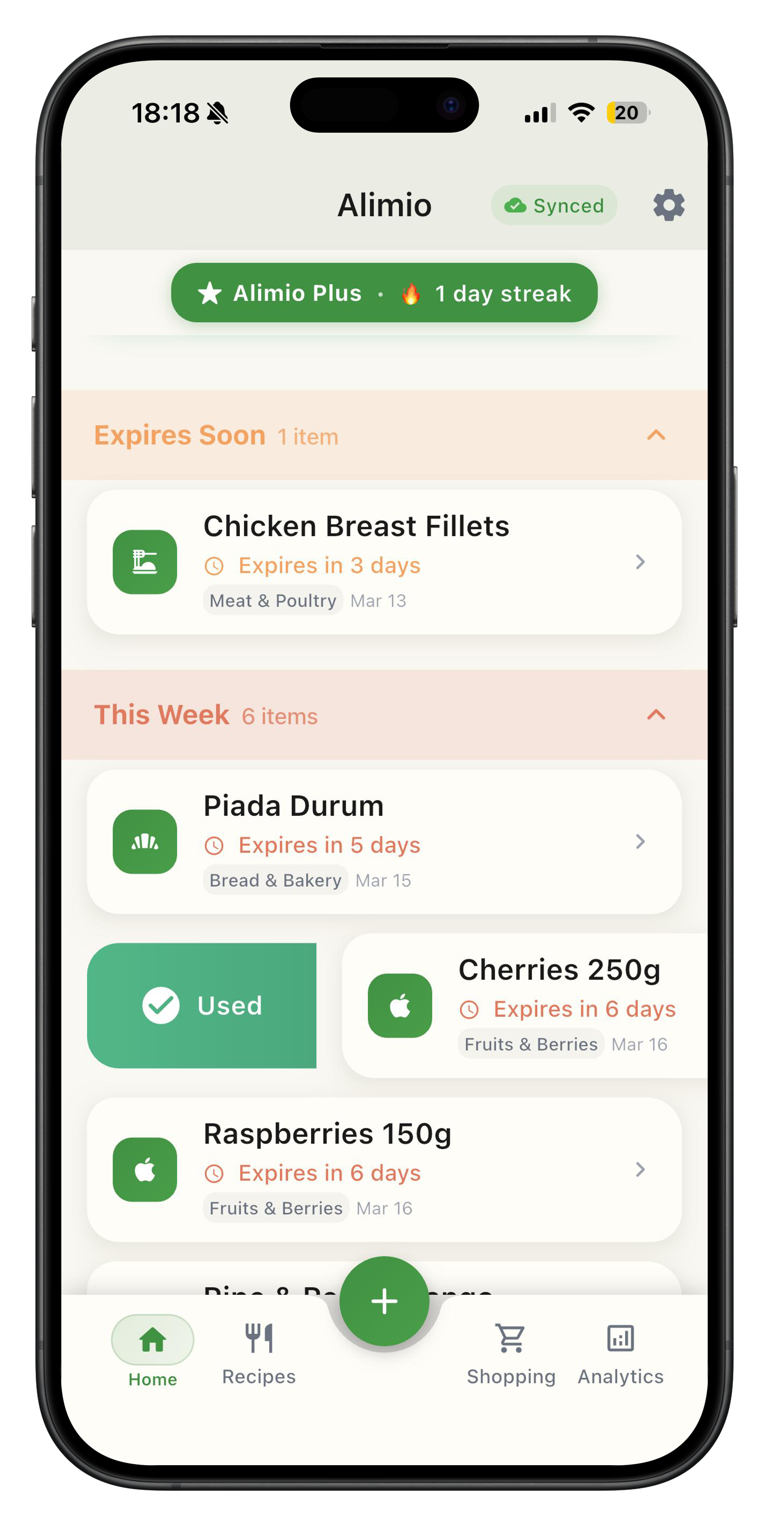 Use it before you lose it - See all your groceries with expiry dates, sorted in a clear 'use this first' order so you always know what to eat next before it goes off.