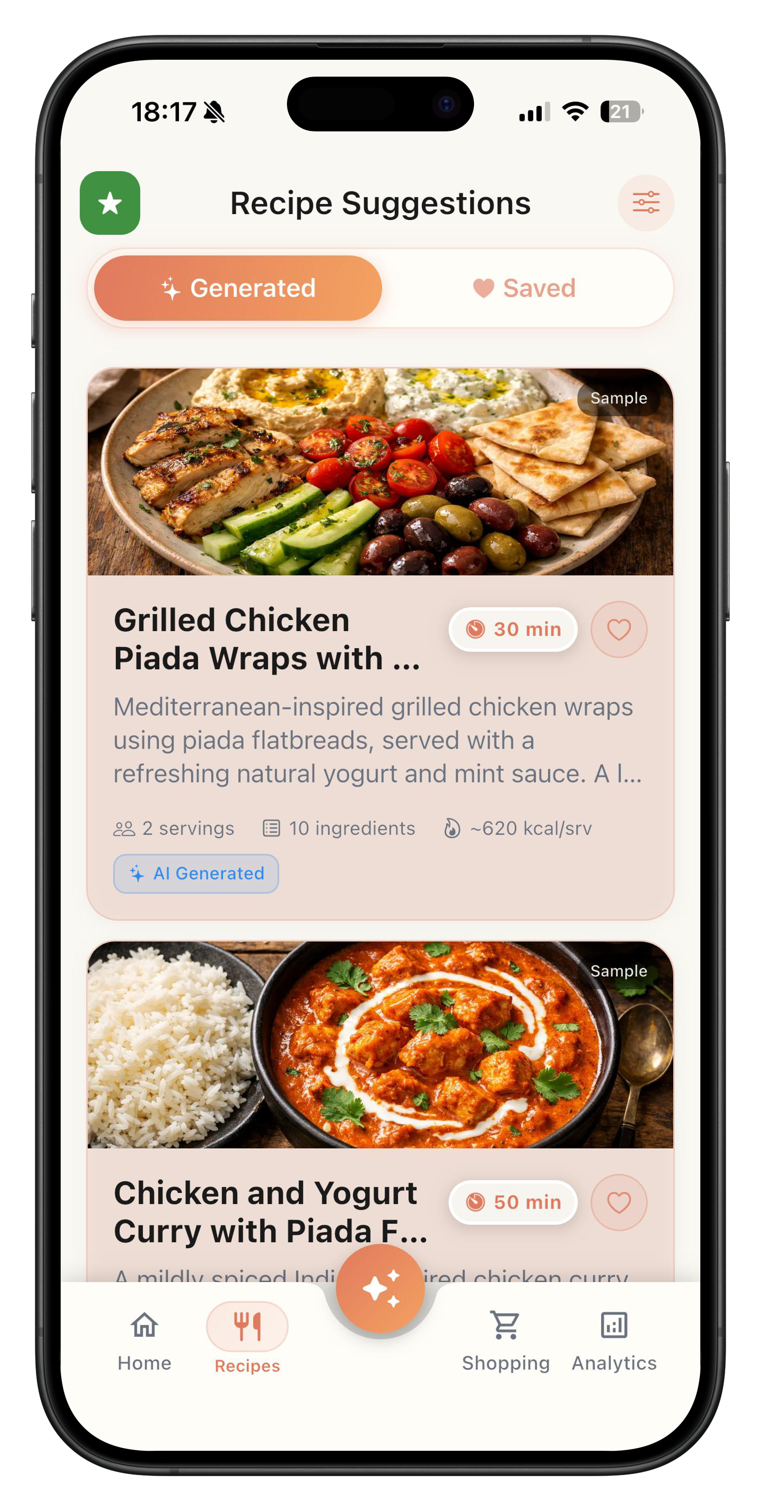 Personalised recipes in seconds - Describe a craving or let Alimio choose from what's already in your kitchen. Pick your diet, allergies, servings and cook time and get a full recipe ready in seconds.
