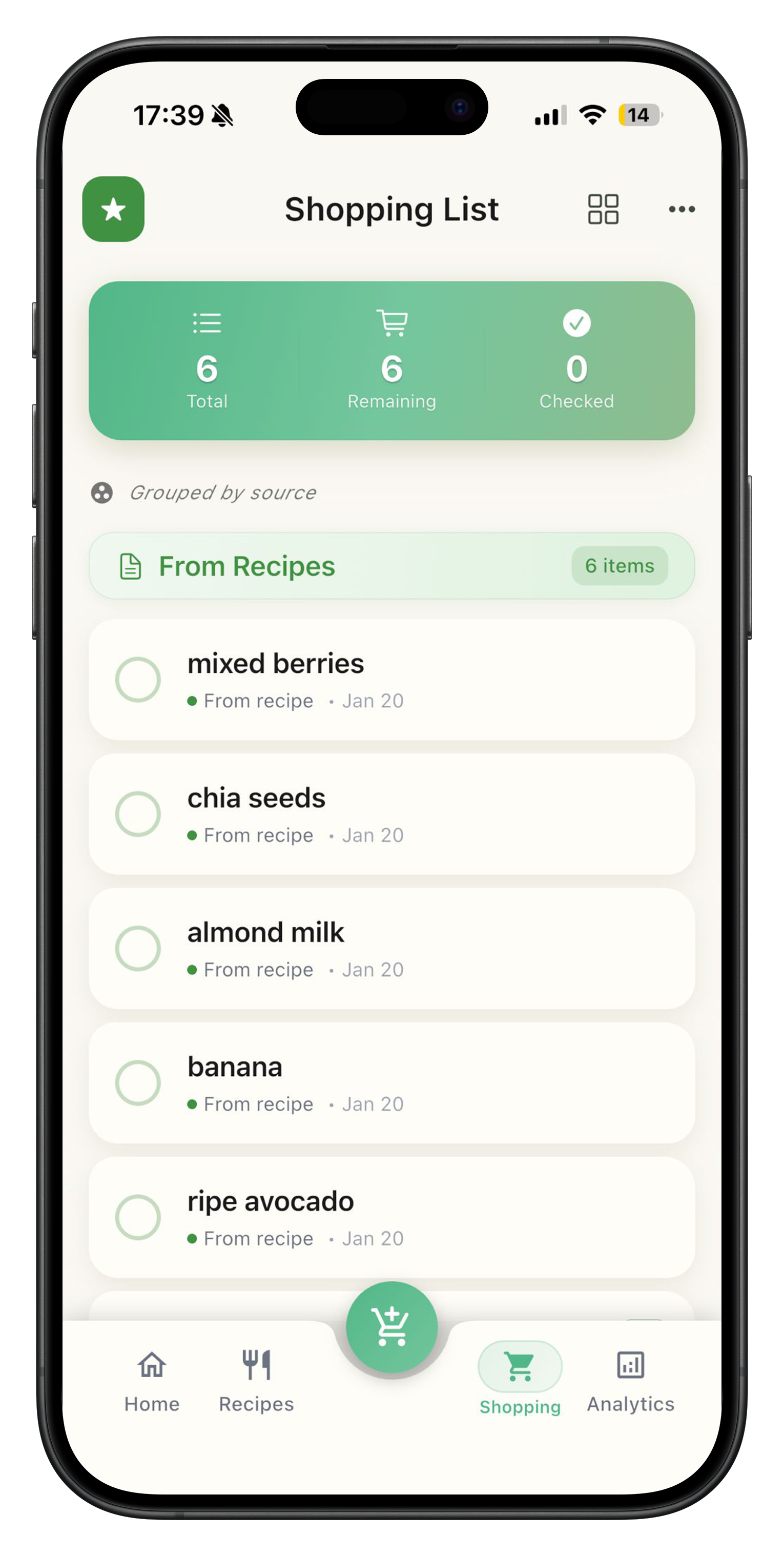 Shopping list with items from recipes and manual additions